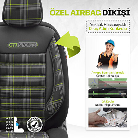 Otom Gti Sports Design Airbag Dikişli Ortopedik Oto Koltuk Kılıfı Tam Set Yeşil-Siyah