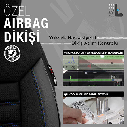 Otom Limited Design Airbag Dikişli Ortopedik Oto Koltuk Kılıfı Tam Set Siyah-Mavi