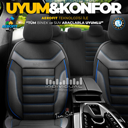 Otom Individual Design Airbag Dikişli Ortopedik Oto Koltuk Kılıfı Tam Set Siyah-Mavi