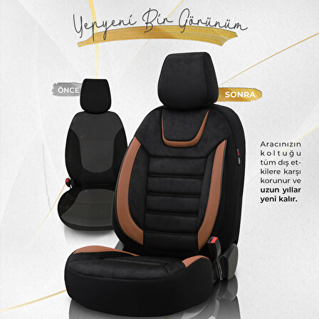Otom Iconic Design Airbag Dikişli Ortopedik Oto Koltuk Kılıfı Tam Set Siyah-Taba