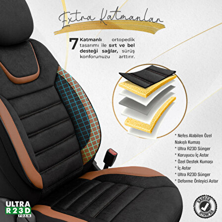 Otom Iconic Design Airbag Dikişli Ortopedik Oto Koltuk Kılıfı Tam Set Siyah-Taba