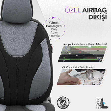 Otom Ruby Design Airbag Dikişli Özel Tasarım Oto Koltuk Kılıfı Tam Set Gri-Siyah