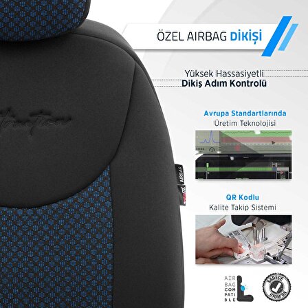 Otom Attraction Design Airbag Dikişli Oto Koltuk Kılıfı Tam Set Mavi-Siyah