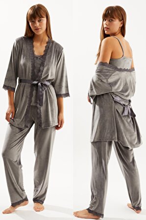 Ecrou Kadın Antrasit Soft Kadife Truvakar Kol İp Askılı Pantolon 3 Lü Pijama Takım