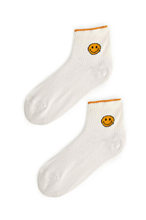 Ecrou Smiley Yarım Konç Çorap Beyaz