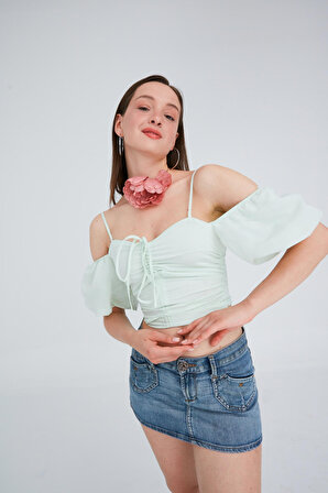 Ecrou Kadın Mint Balon Kol Önü Büzgülü Crop Bluz
