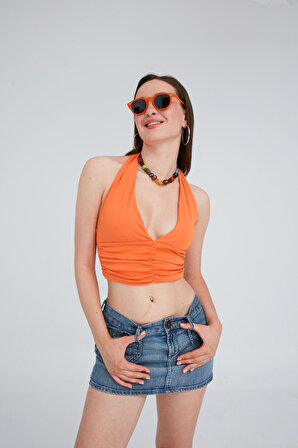 Ecrou Kadın Oranj Derin V Yaka Büzgülü Crop Bluz