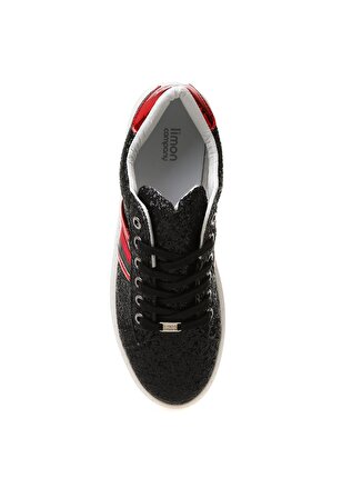 Limon Düz Taban Bağcıklı Kırmızı Şeritli Siyah Kadın Sneaker