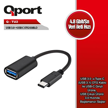 QPORT Q-TU2 USB3.1 TYPE-C => USB3.0 OTG 5Gbps Çevirici Adaptör 0,15m
