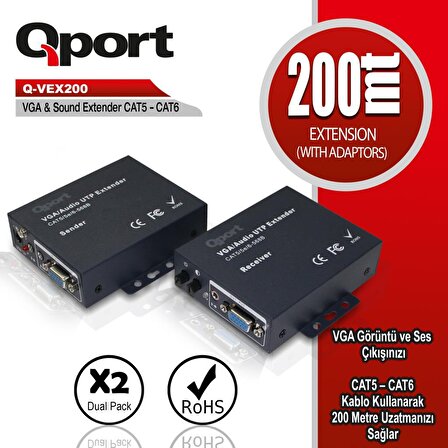 QPORT Q-VEX200 200m VGA UZATMA CAT5-CAT6,2Lİ PAKET