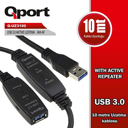 QPORT Q-UZ3100 10m USB3.0 UZATMA KABLOSU,REPATERLI