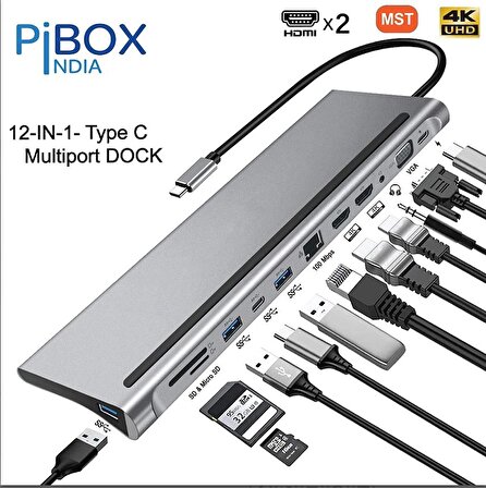 Pibox USB-C to 12 in 1  HDTV Dual Hdmi Multifunction 4K Ultra HD Çevirici
