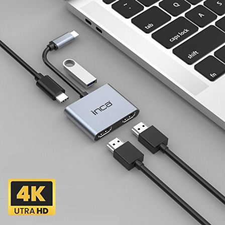 Inca Type-C Hub X4 Çift HDMI 4K@30 Hz+ USB 2.0+PD Aluminyum Kasa