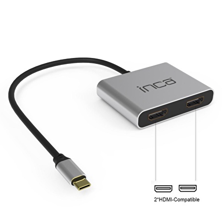 Inca Type-C Hub X4 Çift HDMI 4K@30 Hz+ USB 2.0+PD Aluminyum Kasa