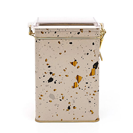 Evle Terrazzo Cream Desenli Kilitli Kapaklı Dikdörtgen Metal Kutu, 7.5 x 10 x 15 cm, 1 lt