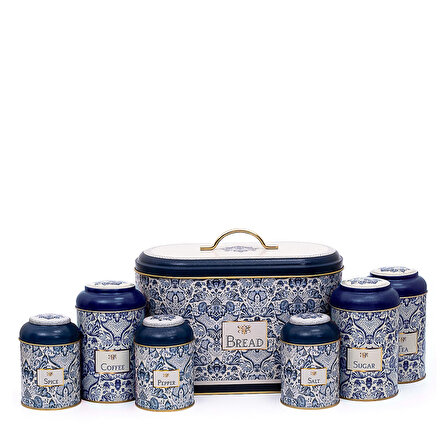 Azulejos Desenli Oval Ekmek Kutusu ve Saklama Kabı Seti 7'li