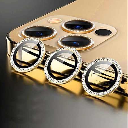 Binano Iphone 12 Pro Max Taşlı Gold Kamera Koruyuc
