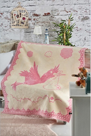 Komfort Home Akrilik-Pamuklu Leylek 100x120 cm Bebek Battaniyesi Ekru-Pembe