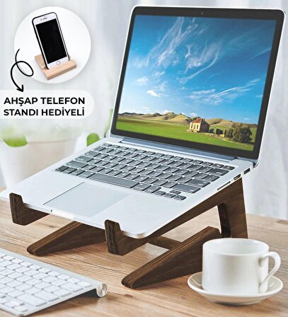 BK Gift Özel Tasarım Taşınabilir Ahşap Notebook Laptop Standı (Ahşap Telefon Standı Hediyeli)