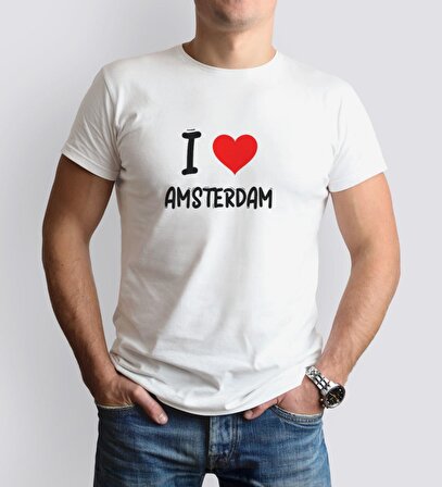BK Gift I Love Amsterdam Tasarımlı Erkek Yuvarlak Yaka Tişört-1