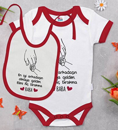 BK Kids En İyi Arkadaşın Olmaya Geldim Tasarımlı Kırmızı Bebek Body Zıbın ve Mama Önlüğü Hediye Seti-1