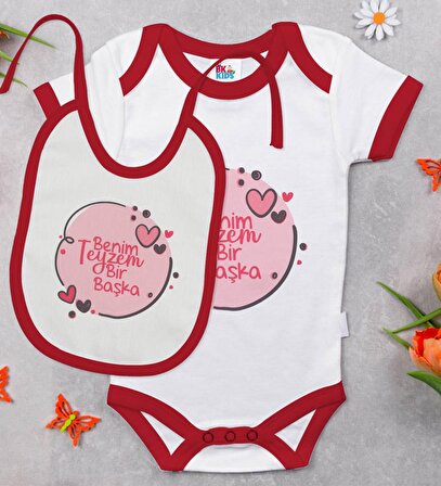 BK Kids Teyzem Bir Başka Tasarımlı Kırmızı Bebek Body Zıbın ve Mama Önlüğü Hediye Seti-1