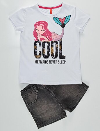 Cool Mermaid Kız Kot Şort Takım