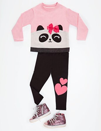 Simli Panda Kız Sweatshirt Tayt Takım