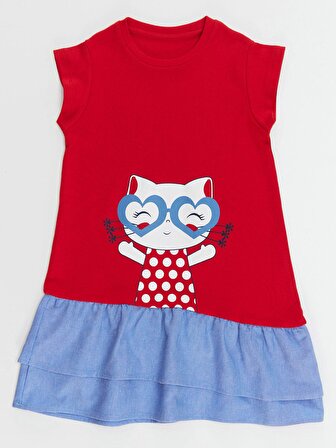 Kedi Fırfırlı Kırmızı Kız Elbise
