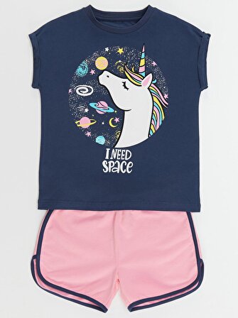 Uzayda Unicorn Kız T-shirt Şort Takım