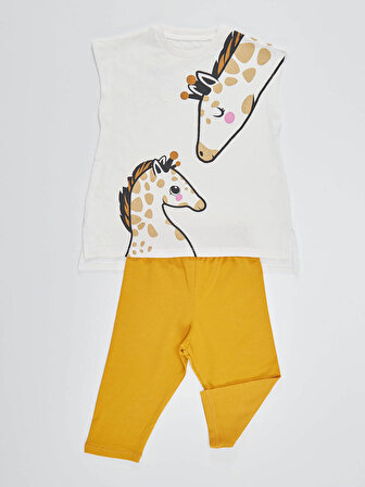 Zürafa Kız Çocuk Beyaz T-shirt Hardal Tayt Yazlık Takım