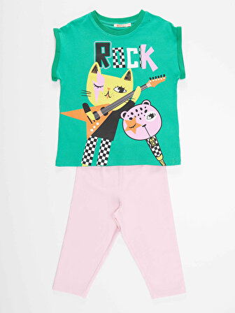 Rock Kankalar Kız Çocuk Yeşil T-shirt Pembe Tayt Yazlık Takım