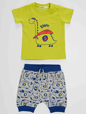 Super Dino Erkek Bebek Yeşil T-shirt Gri Pantolon Yazlık Takım