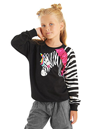 Fırfırlı Zebra Kız Çocuk Siyah Sweatshirt