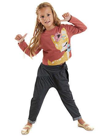 Ceylan Kız Çocuk Crop-Top T-shirt Denim Görünümlü Pantolon Takım