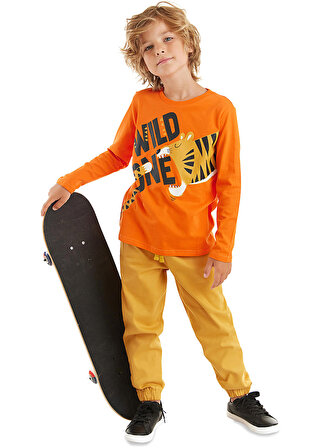 Wild One Erkek Çocuk Turuncu T-shirt Hardal Gabardin Pantolon Takım