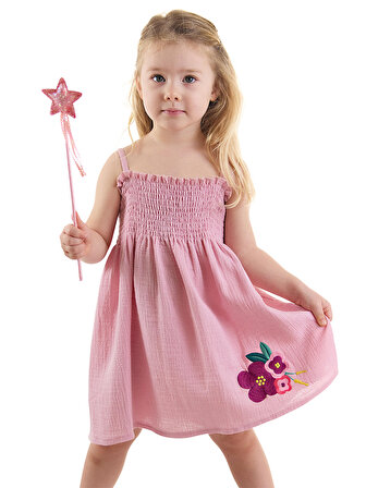 Çiçekli Gülkurusu Kız Bebek Çocuk Müslin Elbise