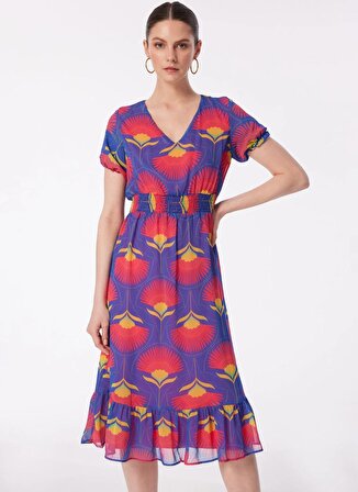 Selen V Yaka Emprime Saks Standart Kadın Elbise 24YSL7435