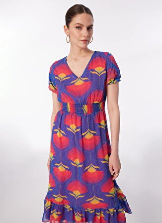 Selen V Yaka Emprime Saks Standart Kadın Elbise 24YSL7435