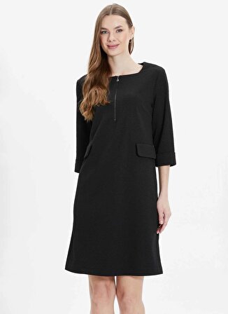 Selen U Yaka Desenli Siyah Standart Kadın Elbise 24YSL7470