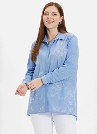 Selen Gömlek Yaka Nakışlı Mavi Kadın Gömlek 24YSL8871-BB