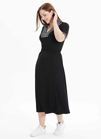 Selen V Yaka Çizgili Siyah Standart Kadın Elbise 24YSL7482-BB