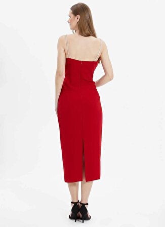 Selen V Yaka Taşlı Kırmızı Standart Kadın Elbise 24YSL7477