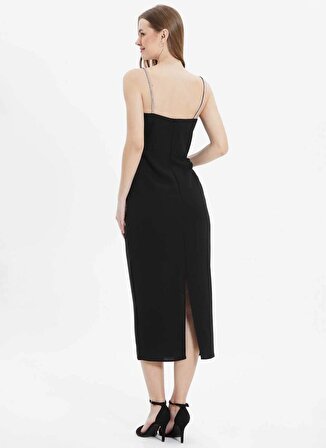 Selen V Yaka Taşlı Siyah Standart Kadın Elbise 24YSL7477