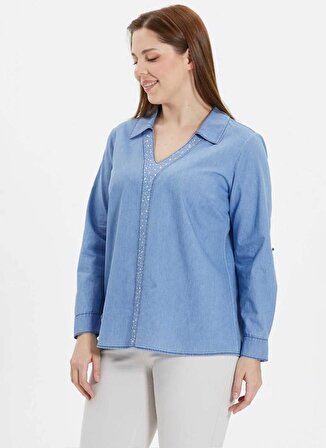 Selen Gömlek Yaka Taşlı Mavi Kadın Bluz 24YSL8825-BB