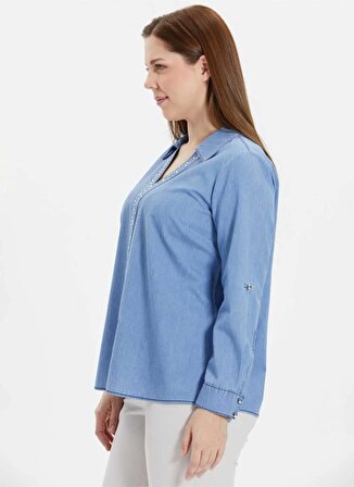 Selen Gömlek Yaka Taşlı Mavi Kadın Bluz 24YSL8825-BB