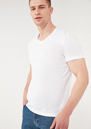 Mavi V Yaka Beyaz Basic Tişört 065586-620