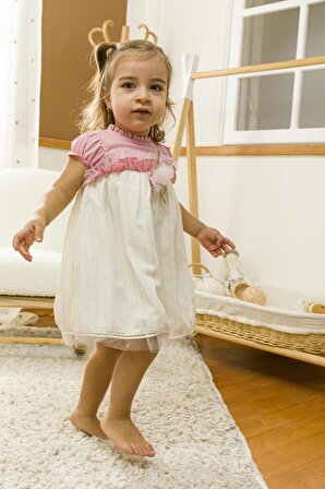 Tül Gül Detaylı Bayramlık Kız Bebek Çocuk Elbise 13628 