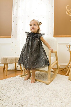 Siyah Desenli Tül Kız Bebek Çocuk Bayramlık Elbise 13630