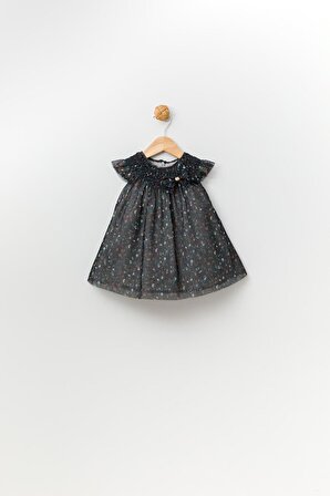 Siyah Desenli Tül Kız Bebek Çocuk Bayramlık Elbise 13630